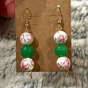 Floral Green Jade and Pink Ceramic Beaded Gold Earrings